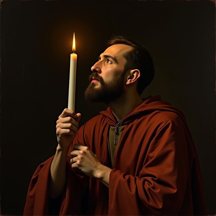 Painting from the deck: a bearded man holding a lit candle, looking up and listening. It is the card for exaudio, to hear.