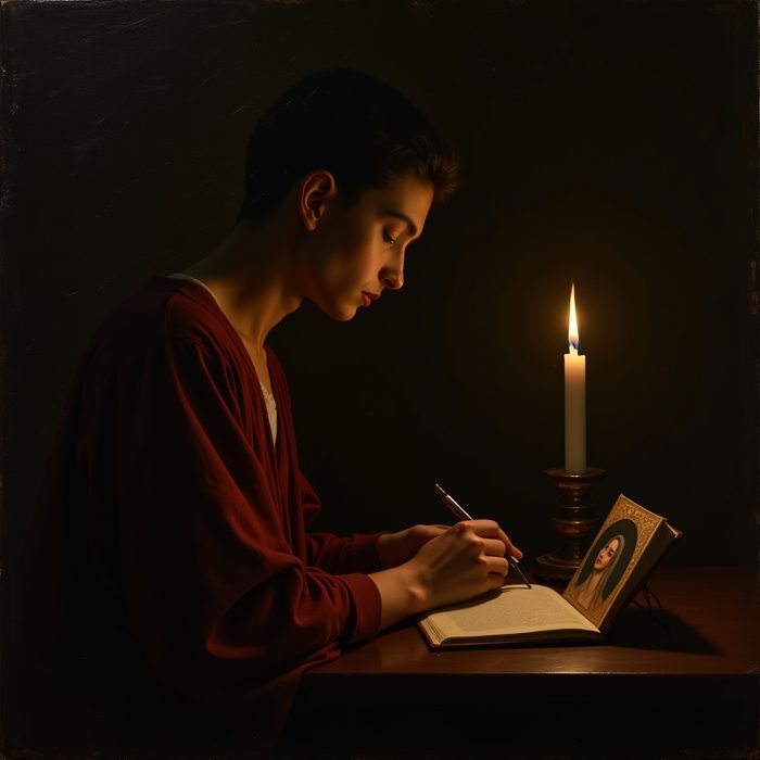 Painting from the deck: a young man writing by candlelight. It is the card for memor, remembering.