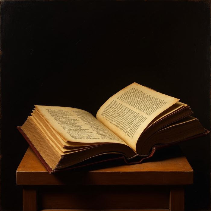 Painting from the deck: an old book lying open on a wooden stand. It is the card for evangelium, the Gospel.